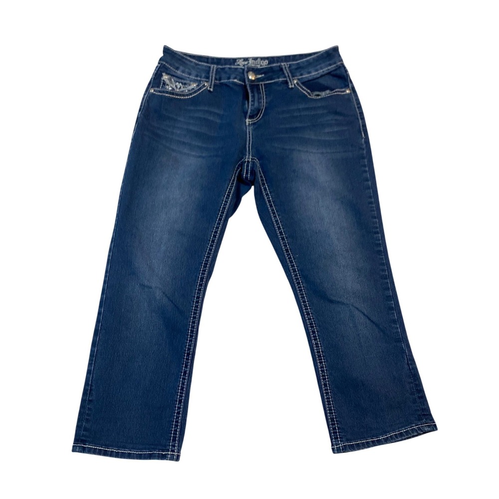 Love Indigo Premium Womens Dark Wash Embellished Denim Capri Jeans Size 8